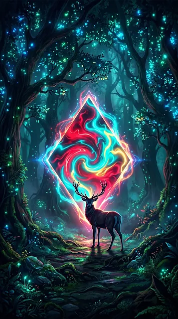 Mystical Neon Forest with Glowing Portal and Wild Deer - Free 4K & 8K mobile Wallpaper