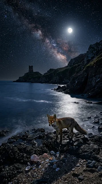 Mystical Nightscape of a Fox on a Rocky Cliff by the Ocean - Free 4K & 8K mobile Wallpaper