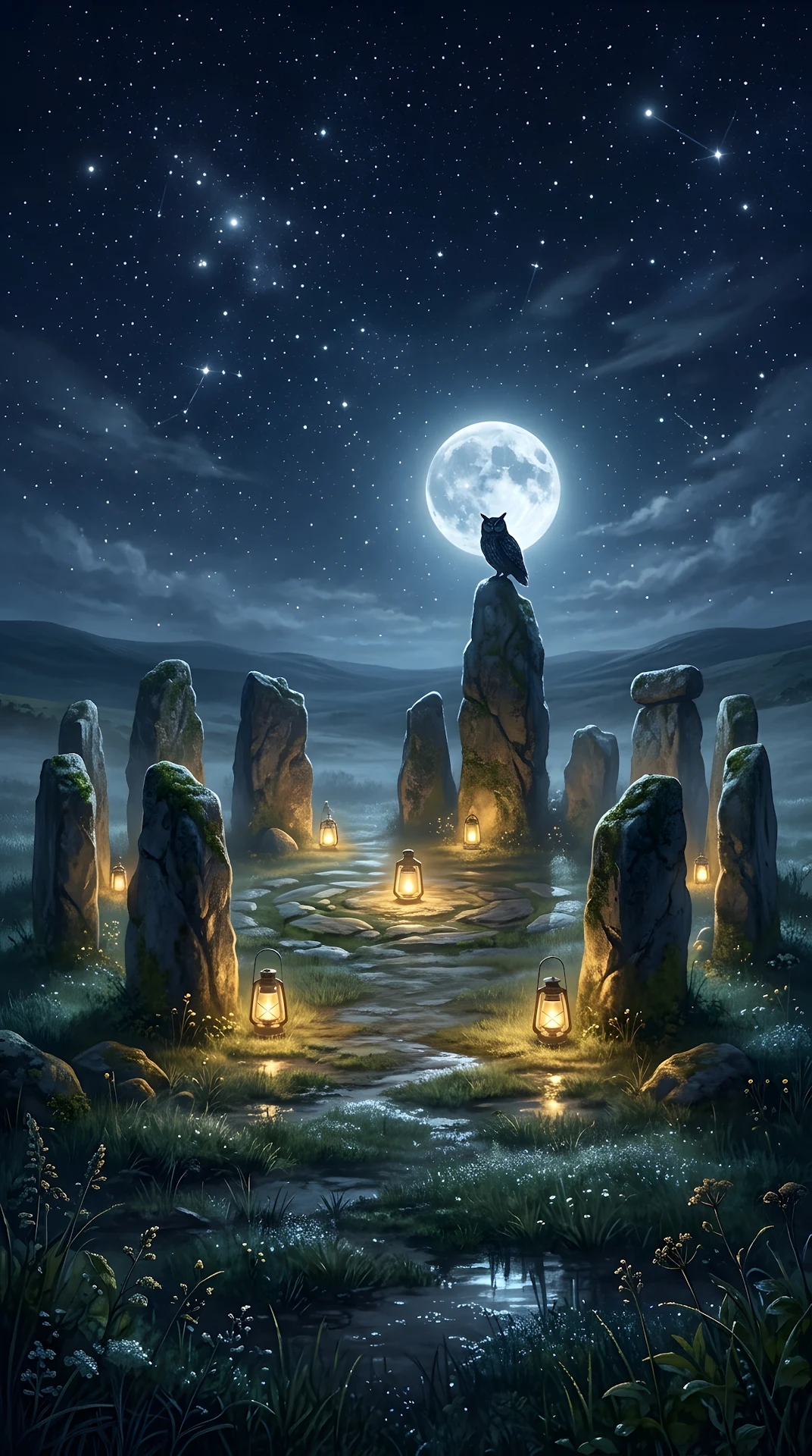 Mystical Nighttime Stone Circle with Lone Owl - Free 4K mobile Wallpaper