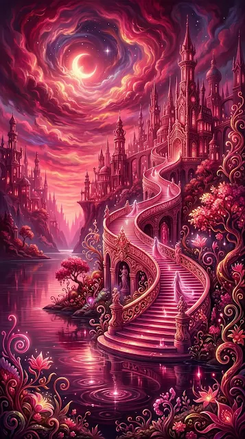 Mystical Pink Lake with Grand Staircase and Rococo Fantasy City - Free 4K & 8K mobile Wallpaper