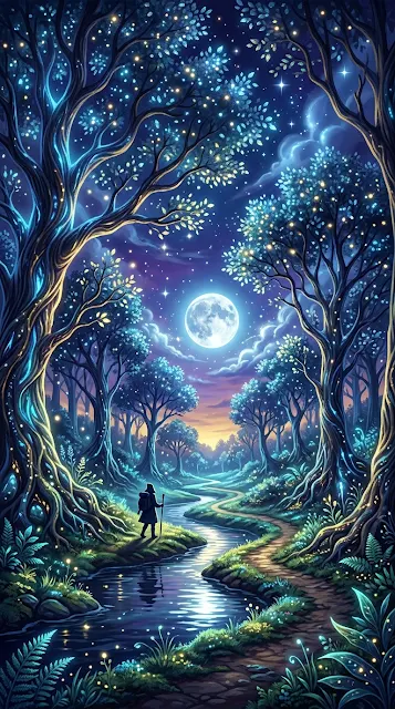 Mystical Twilight Forest with Glowing Blue Gold Trees and Traveler - Free 4K & 8K mobile Wallpaper