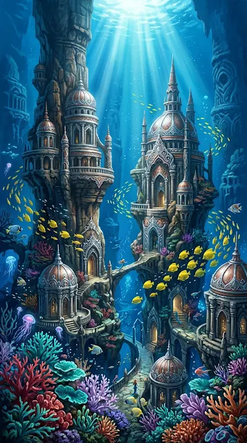 Mystical Underwater City with Asian Inspired Temple Architecture - Free 4K & 8K mobile Wallpaper