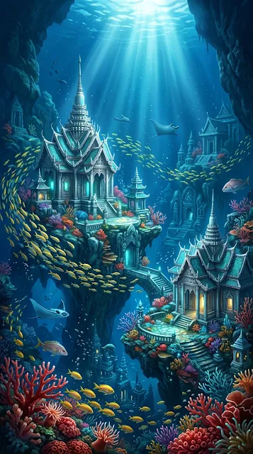 Mystical Underwater Kingdom with Asian Inspired Architecture - Free 4K & 8K mobile Wallpaper