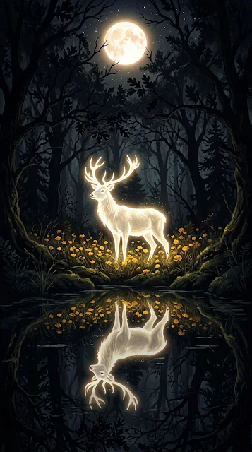 Mystical White Deer in Dark Forest with Moonlight Reflection - Free 4K & 8K mobile Wallpaper