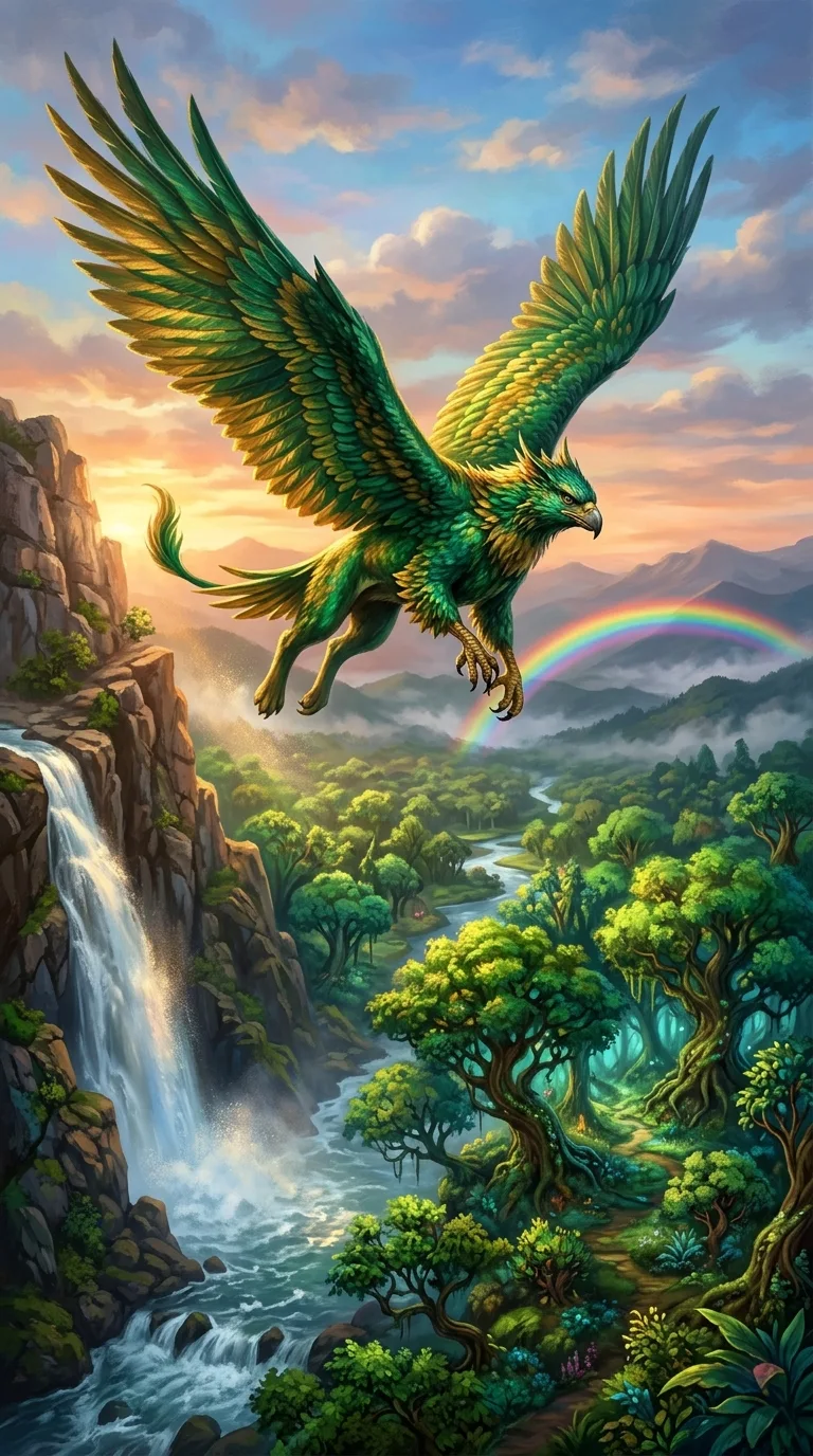 Download Mythical Griffin Flying Over Enchanted Forest and Waterfall Wallpaper in 4K UHD Mythical Griffin Flying Over Enchanted Forest and Waterfall - Free 8K and 4K mobile Wallpaper Background