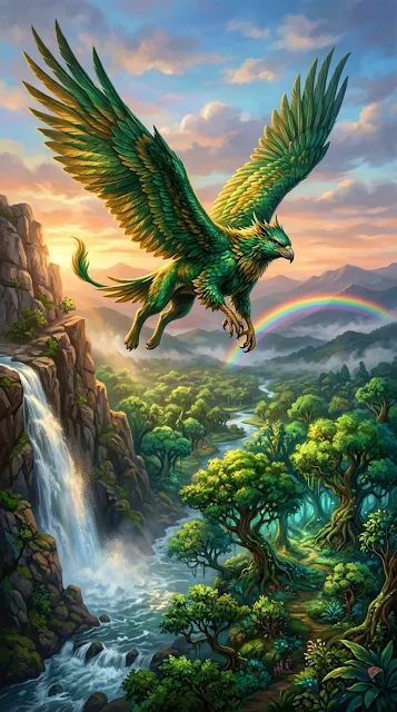 Mythical Griffin Flying Over Enchanted Forest and Waterfall - Free 4K & 8K mobile Wallpaper