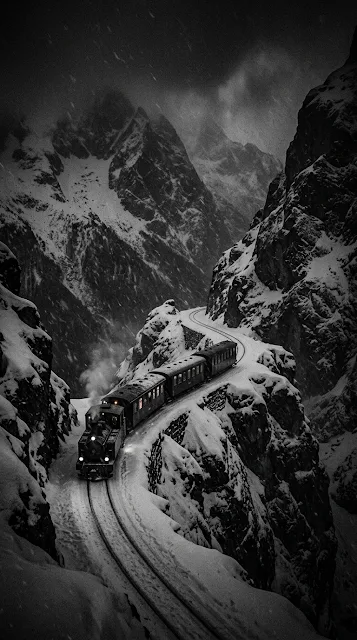 Narrow Train in Snow Cliffs Blizzard Night Wallpaper - Free 4K & 8K mobile Wallpaper