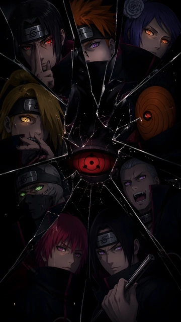 Anime artwork showing Akatsuki members like Itachi, Pain, and Tobi in glass shards around a Sharingan eye.