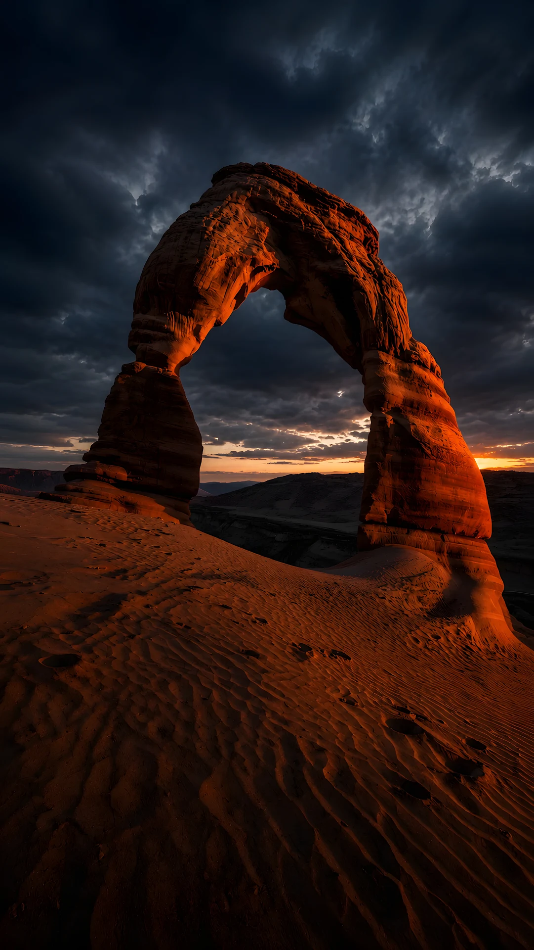 Natural Sandstone Arch Silhouette Against Sunset Sky in Desert Canyon - Free 4K mobile Wallpaper