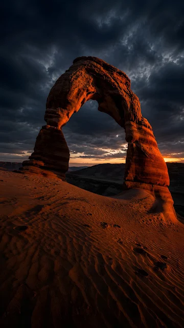 Massive natural red rock sandstone arch in a desert landscape during sunset under dramatic dark clouds.