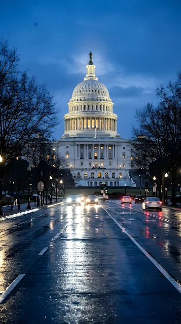 Neoclassical Government Building with White Dome at Twilight on a Rainy Street - Free mobile Wallpaper