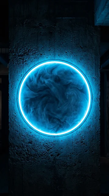 Neon Blue Circular Light on Dark Textured Concrete Wall - Free 4K & 8K mobile Wallpaper