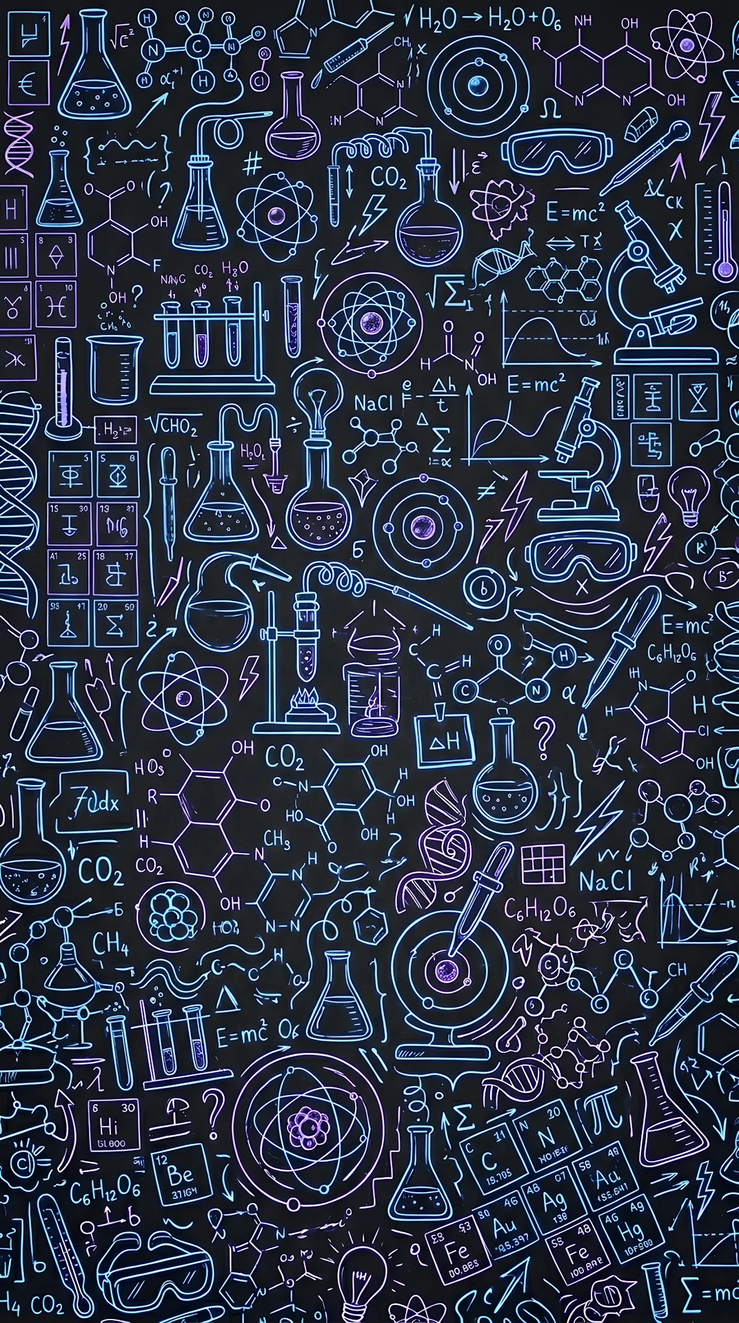 Neon Chemistry and Science Doodle Pattern on Dark Background - Free 4K mobile Wallpaper