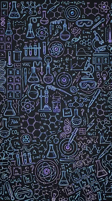 Neon Chemistry and Science Doodle Pattern on Dark Background - Free mobile Wallpaper
