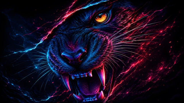 Digital art of a roaring black panther with glowing yellow eyes, sharp teeth, and neon red and blue energy lines.