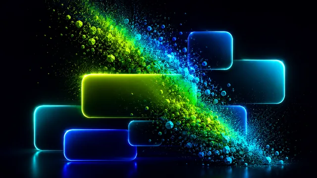 Overlapping blue and green glowing glass rectangles exploding with colorful geometric particles on a black background.