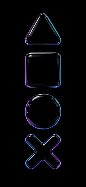 Transparent glass triangle, square, circle, and cross icons with neon edge glow on black.