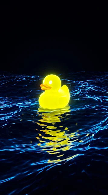 Neon Glowing Rubber Duck in Dark Blue Digital Water - Free 4K & 8K mobile Wallpaper