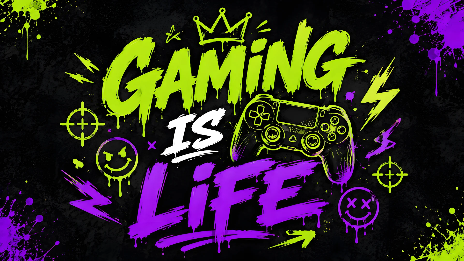 Neon Lime and Purple Gaming Is Life Brush Graffiti Poster - Free 4K desktop Wallpaper