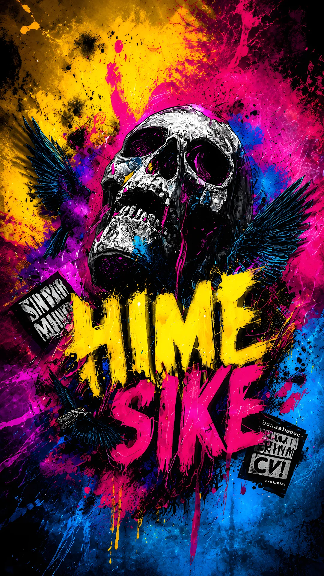 Neon skull art with colorful paint splatter and street typography - Free 4K mobile Wallpaper