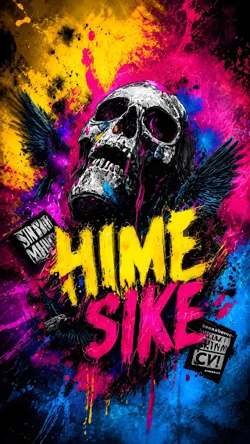A stylized metallic skull surrounded by explosive neon yellow, pink, and cyan paint splatters and bold typography.