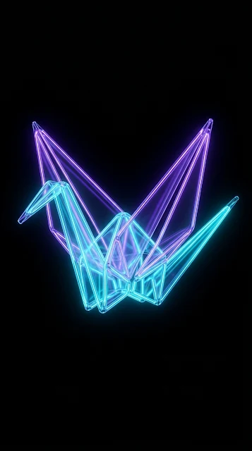 Neon Wireframe Origami Crane in Dark Digital Space - Free 4K & 8K mobile Wallpaper