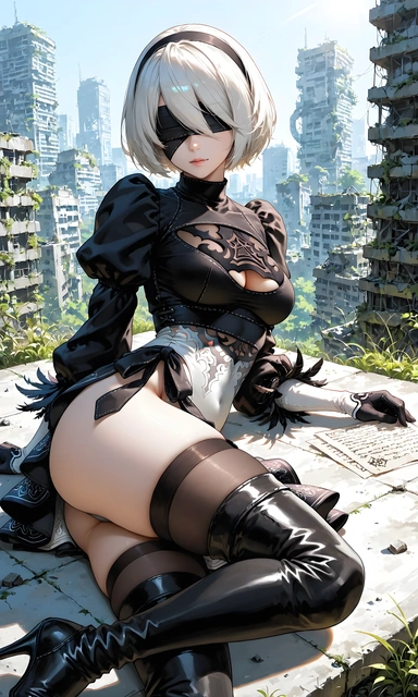 2B from NieR Automata in a black dress and blindfold reclining against a ruined city backdrop.