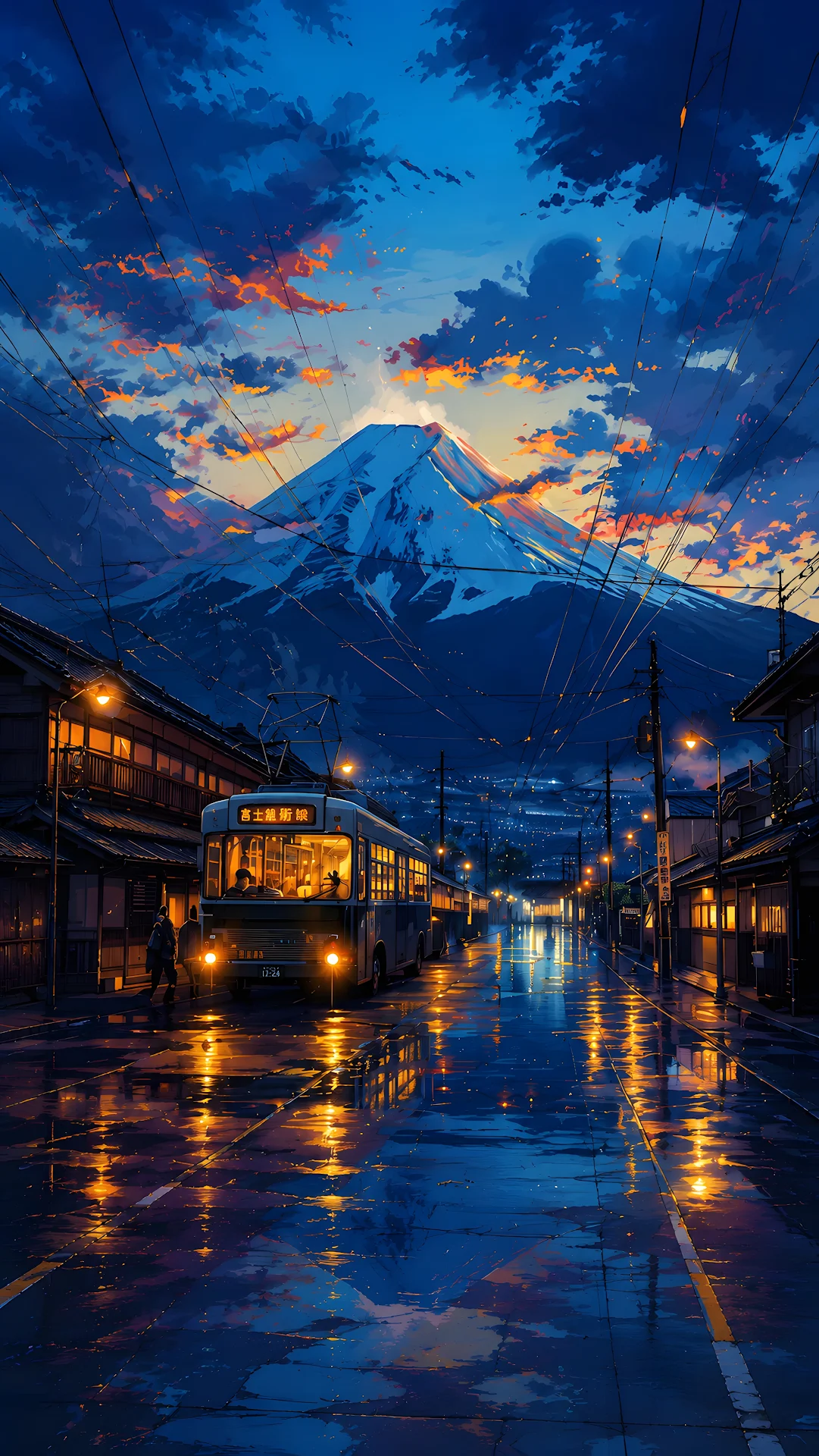 Night Bus Beneath a Snowy Mountain - Free 4K mobile Wallpaper