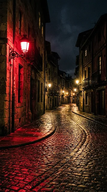 Night Urban Scene with Cobblestone Street and Dramatic Red Lamp - Free 4K & 8K mobile Wallpaper