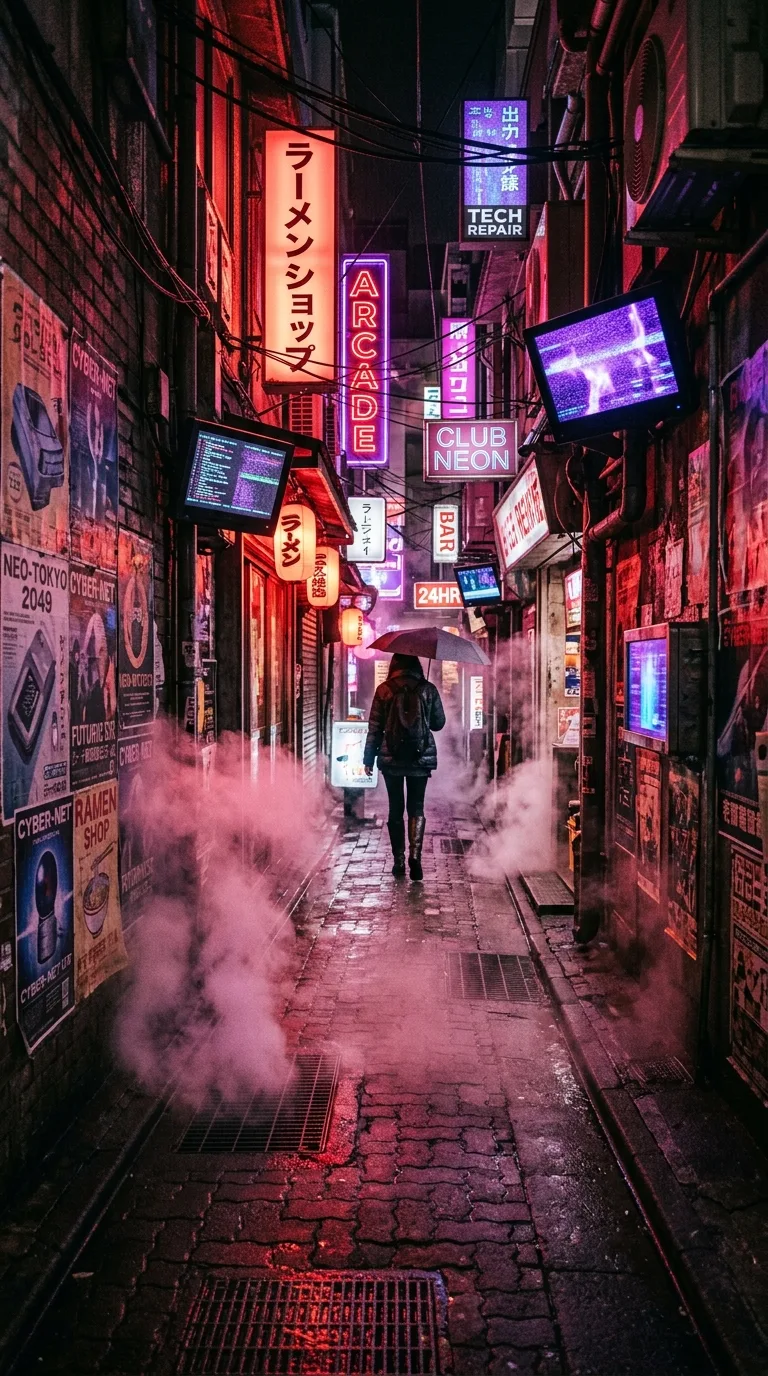 Download Night View of Retro-Futuristic City Alley with Neon Signs and Steam Wallpaper in 4K UHD Night View of Retro-Futuristic City Alley with Neon Signs and Steam - Free 8K and 4K mobile Wallpaper Background