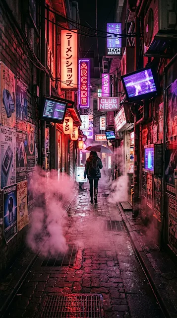 Night View of Retro-Futuristic City Alley with Neon Signs and Steam - Free 4K & 8K mobile Wallpaper