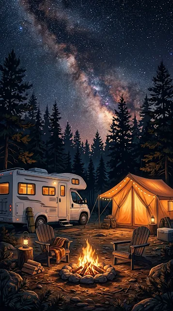 Nighttime Campsite with RV, Tent, and Campfire under a Starry Sky - Free 4K & 8K mobile Wallpaper