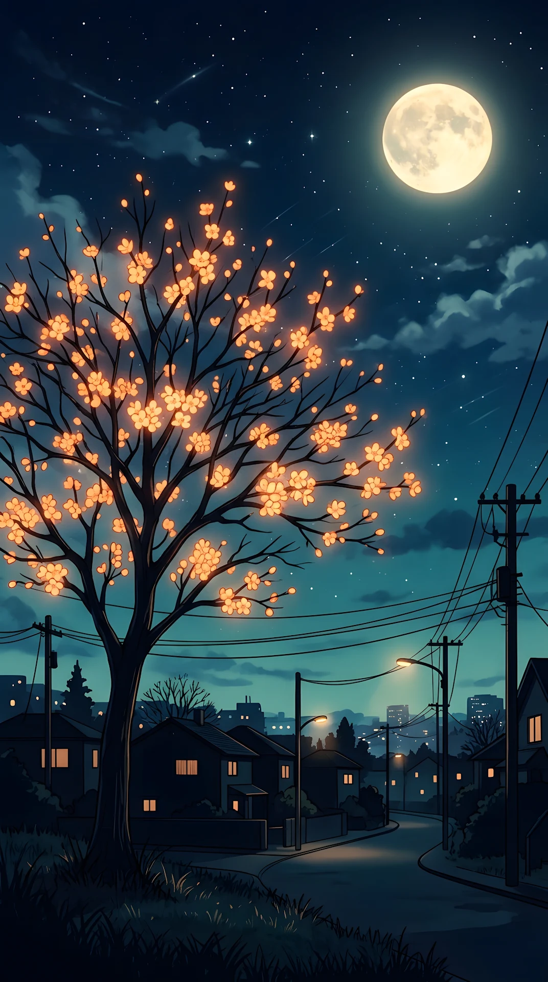 Nocturnal Tree with Orange Blossoms under Full Moon Illustration - Free 4K mobile Wallpaper