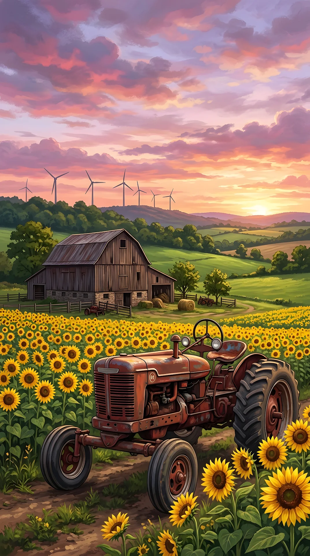 Nostalgic Illustration of a Vintage Tractor and Sunflowers by a Barn at Sunset - Free 4K mobile Wallpaper