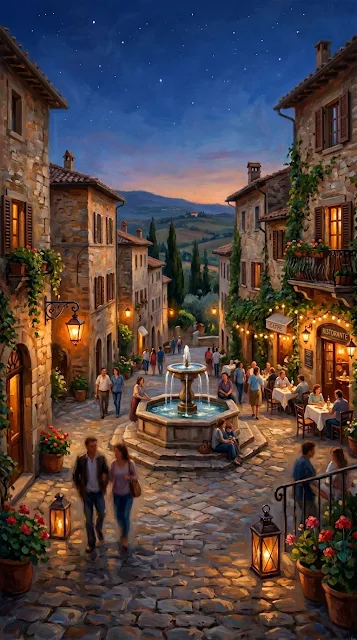 Nostalgic Italian Village Square at Twilight with Warm Lanterns - Free 4K & 8K mobile Wallpaper