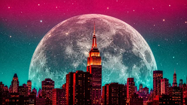 Empire State Building and Manhattan city skyscrapers illuminated in red before a giant textured full moon and starry sky.