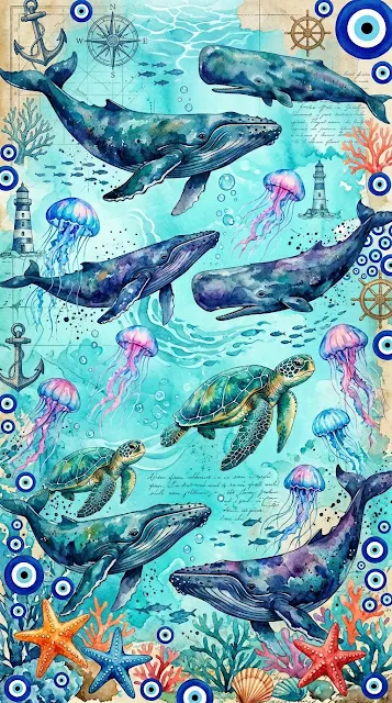Ocean Themed Blue Aesthetic Collage with Marine Life and Surf Icons - Free 4K & 8K mobile Wallpaper