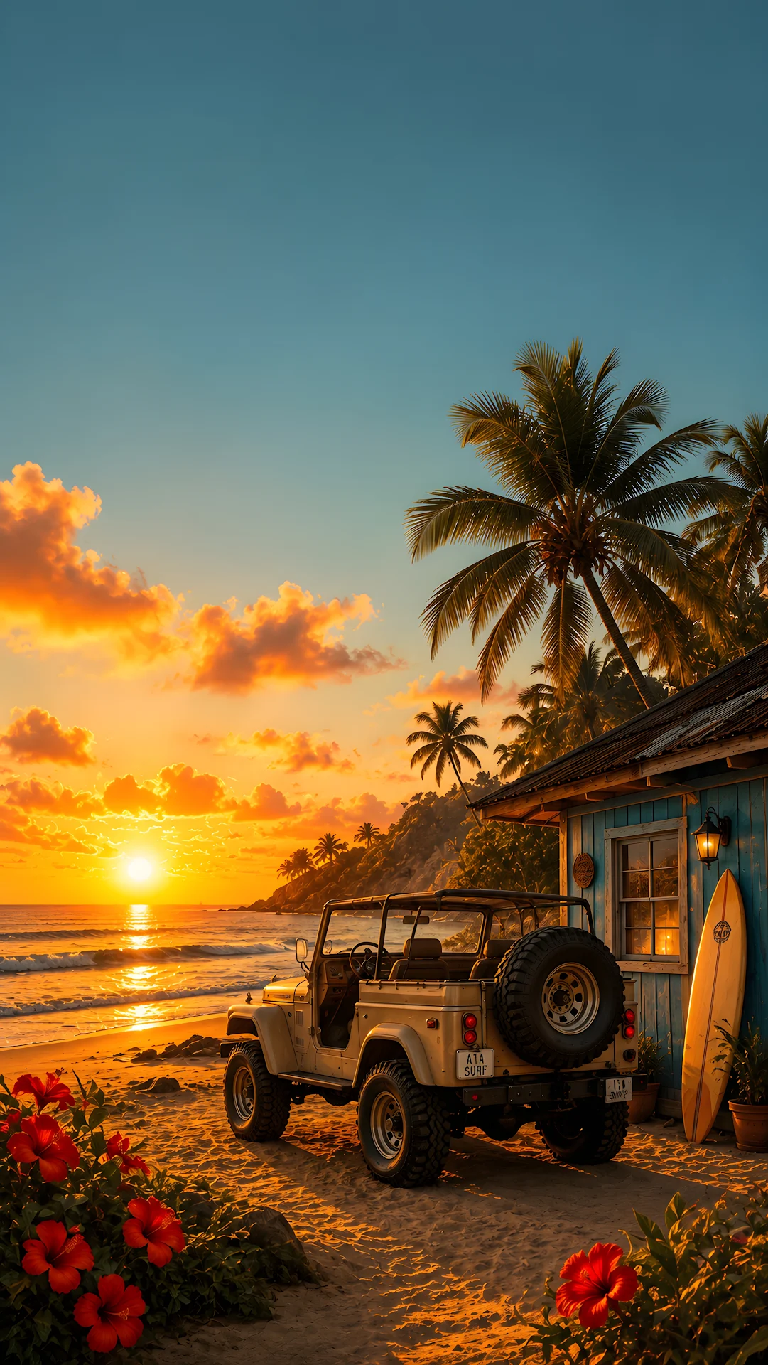 Offroad vehicle parked on tropical beach at vivid sunset - Free 4K mobile Wallpaper