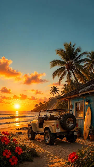 A tan offroad 4x4 vehicle parked on a sandy beach beside a wooden cabin and ocean sunset.
