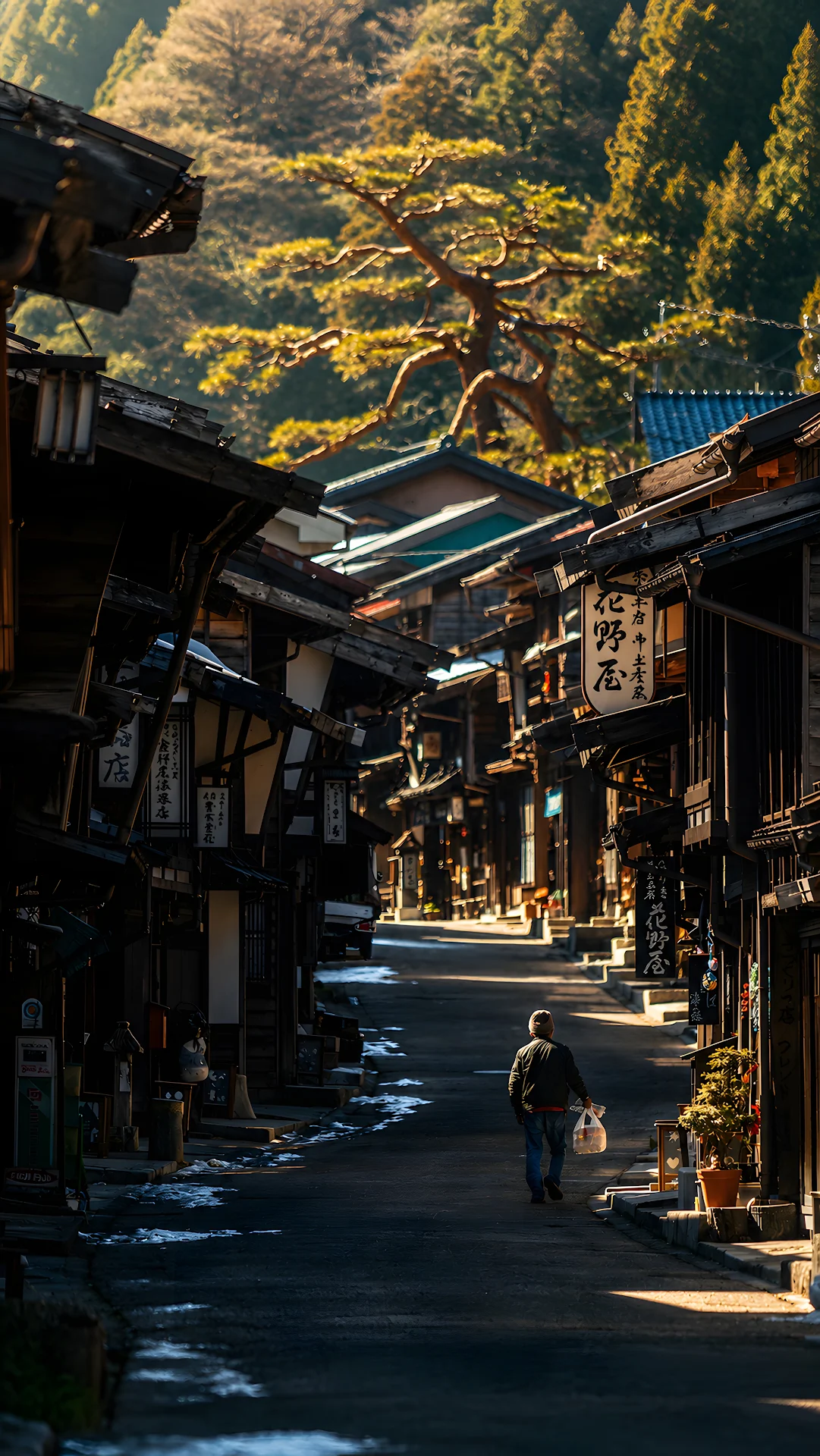 Older man walking through a historic Japanese village street - Free 4K mobile Wallpaper