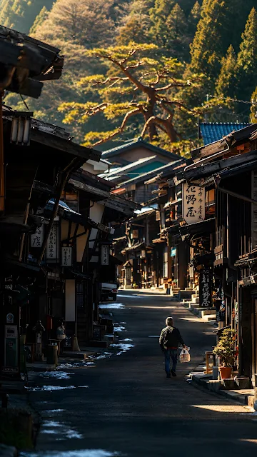 An older man carrying a grocery bag walks down a narrow street lined with dark wooden traditional Japanese shops.