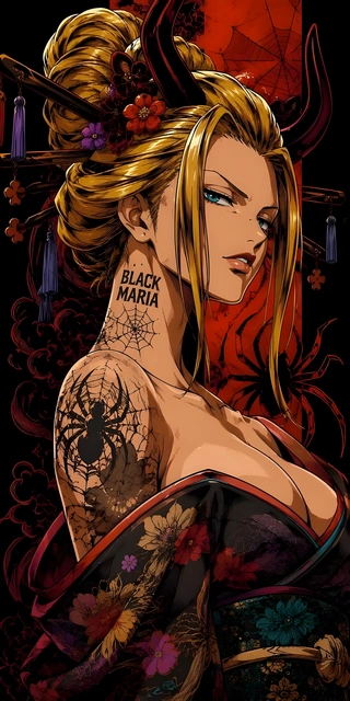 Black Maria from One Piece wearing a dark floral kimono with spider tattoos visible on her shoulder.