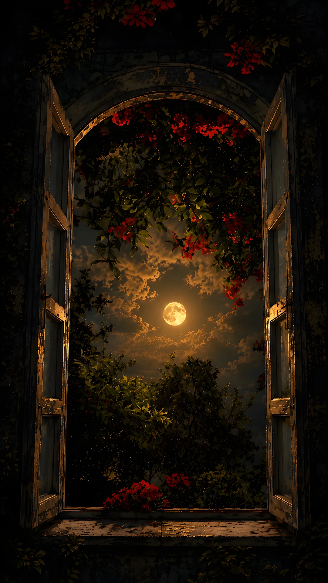 Open vintage arched window looking onto full glowing moon and dark garden - Free 4K mobile Wallpaper