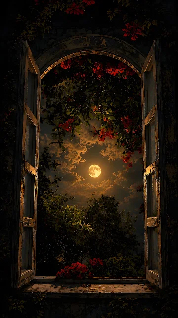 View through an open rustic wooden window frame showing a luminous full moon amidst dark clouds and garden trees with red flowers.