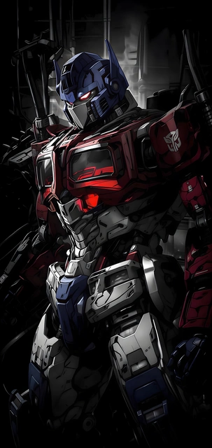 Stylized illustration of Optimus Prime standing in a dark industrial hangar with red and blue armor.