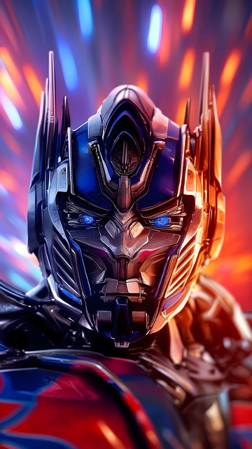 Close-up of Optimus Prime's face with glowing blue eyes and red and blue cybernetic plating.