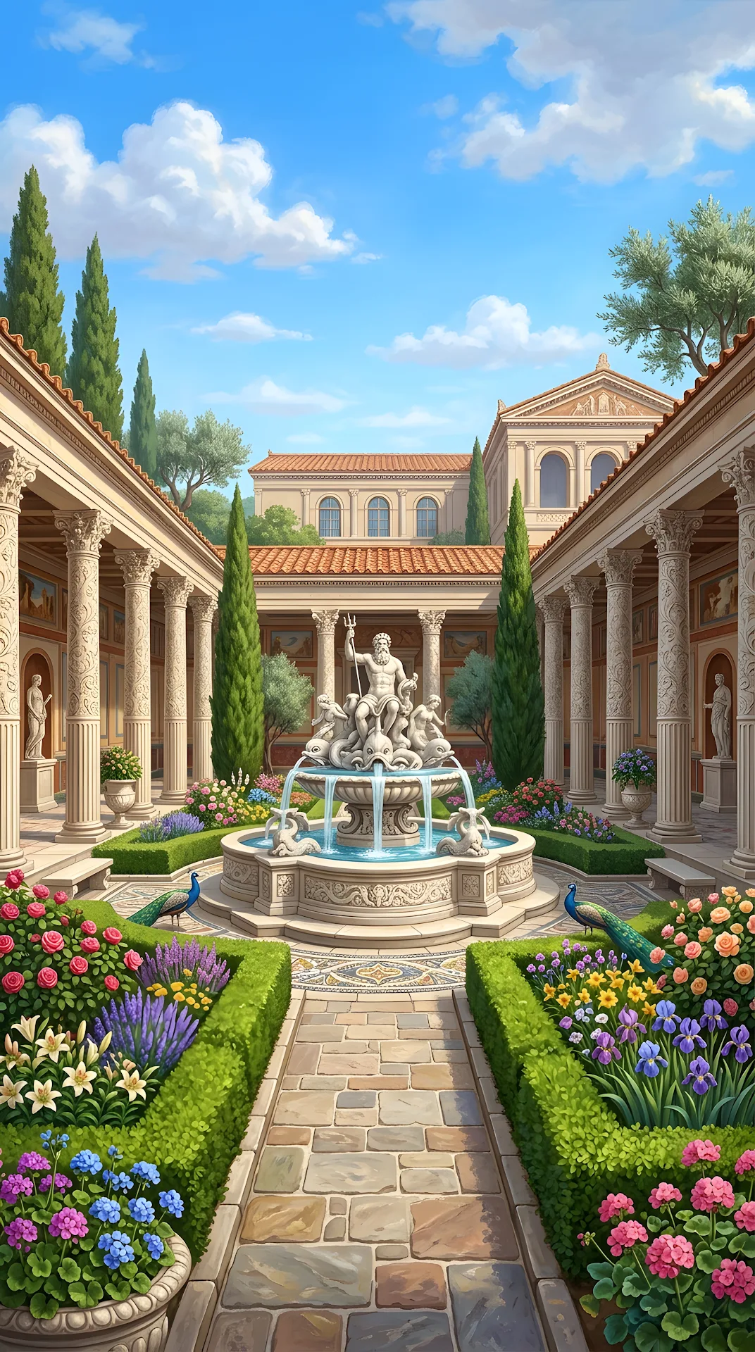 Opulent Roman Garden with Marble Fountain and Fluted Floral Columns - Free 4K mobile Wallpaper