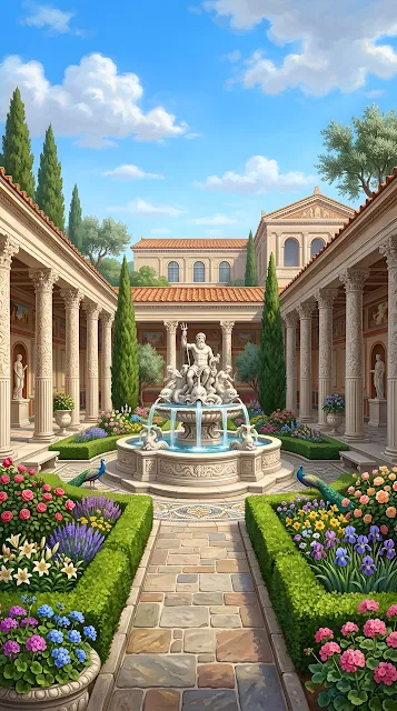 Opulent Roman Garden with Marble Fountain and Fluted Floral Columns - Free mobile Wallpaper