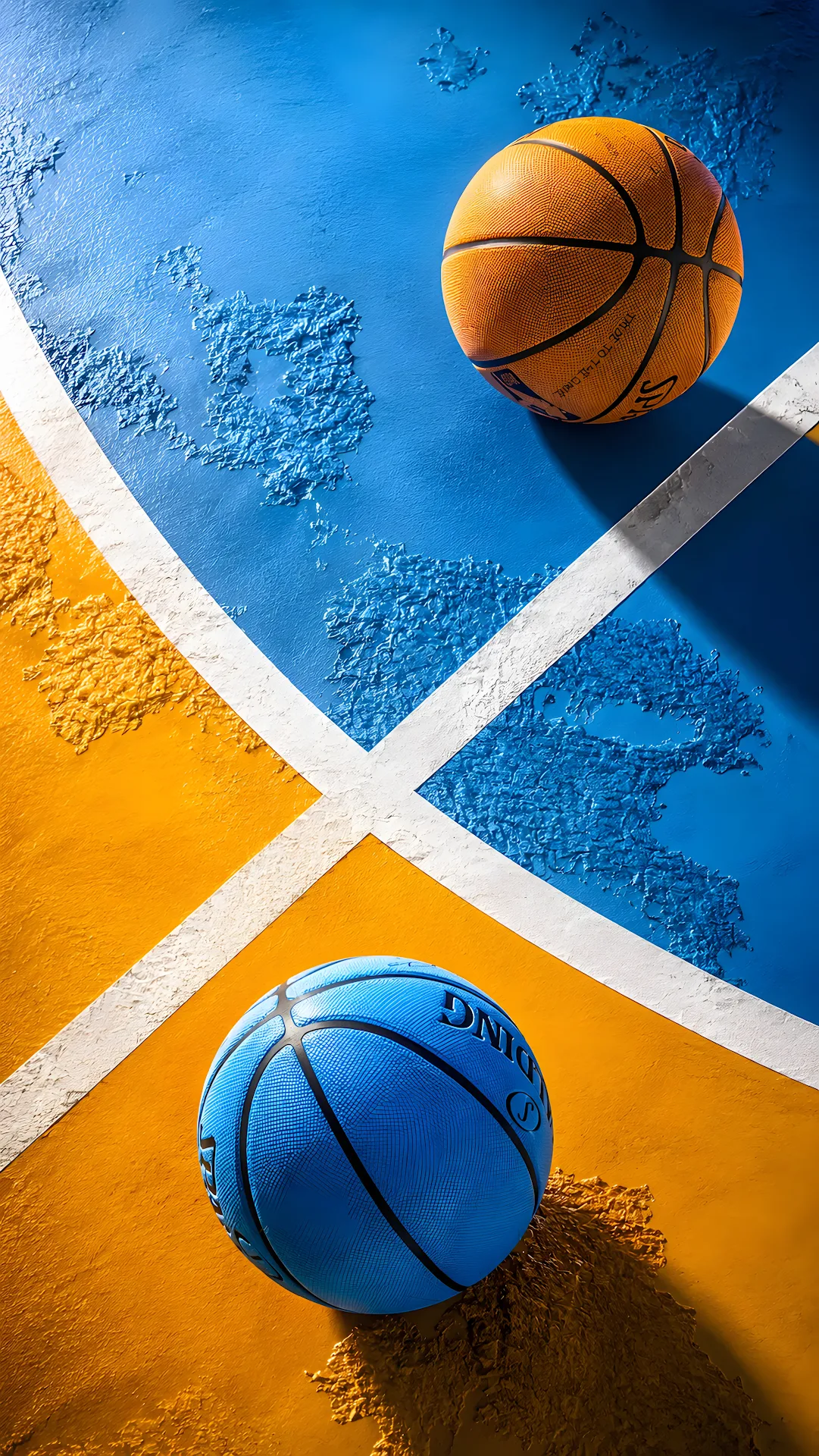 Orange and blue basketballs on a textured court with white lines - Free 4K mobile Wallpaper