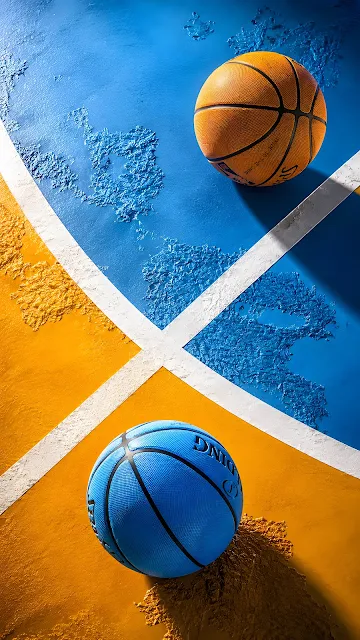 An orange basketball and a blue basketball sit on intersecting court lines on a textured blue and yellow surface.